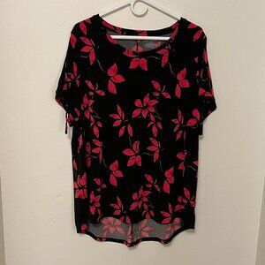 Lane Bryant Blouse Short Sleeve Black with Pink Leaves Size 14-16 Women's
